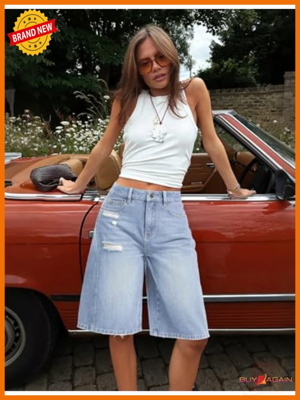 Distressed Denim Bermuda Shorts with Wide Leg High Waist - Picture 5 of 6